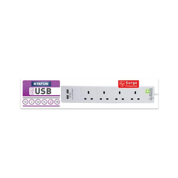 Status 4 Way 2M Extension Leads With 2USB Ports