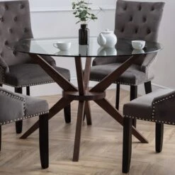 Chelsea 4 Seater Round Dining Table, Brown Wood, Glass