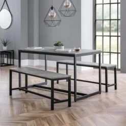 Staten 4 Seater Rectangular Dining Table With 2 Benches, Grey