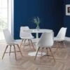 Blanco 4 Seater Round Pedestal Dining Table With 4 Kari Chairs, White