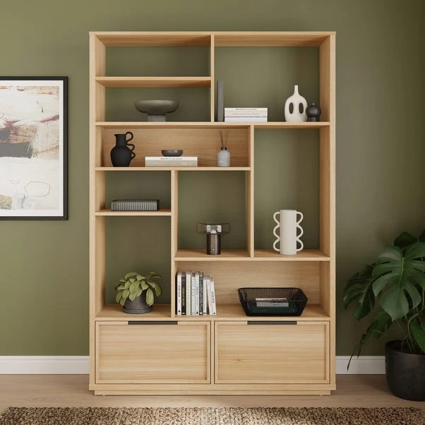 Hardy Wide Bookcase With 2 Drawers, Oak Effect