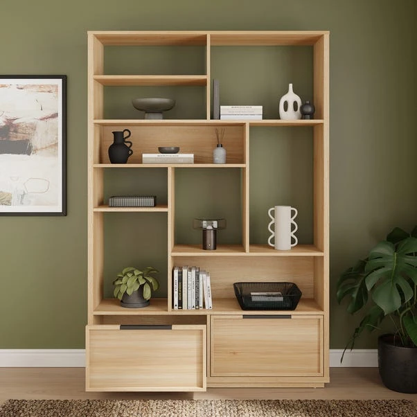 Hardy Wide Bookcase With 2 Drawers, Oak Effect - Image 2