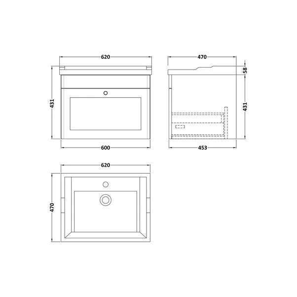 Classique Wall Mounted 1 Drawer Vanity Unit With Ceramic Basin - Image 6