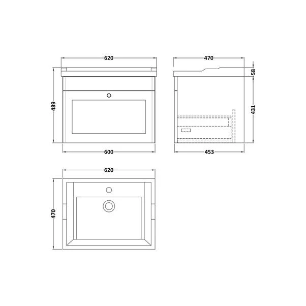 Classique Wall Mounted 1 Drawer Vanity Unit With Ceramic Basin - Image 2