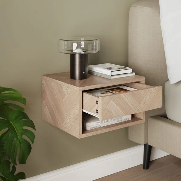 Casper 1 Drawer Floating Bedside Table, Mid Oak Effect - Image 2