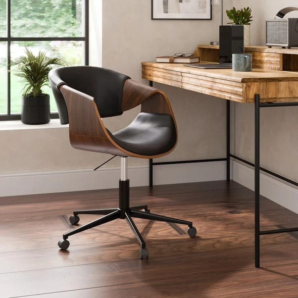 Modena Walnut Effect Office Chair, Black Faux Leather